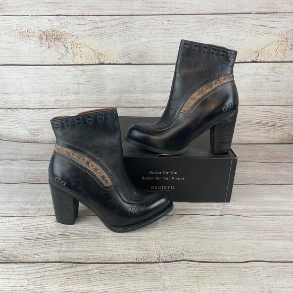 Bed Stu Yuno Womens Sz 7.5 Ankle Boots Black Icicle Rustic Zip Heels Booties - Picture 1 of 11